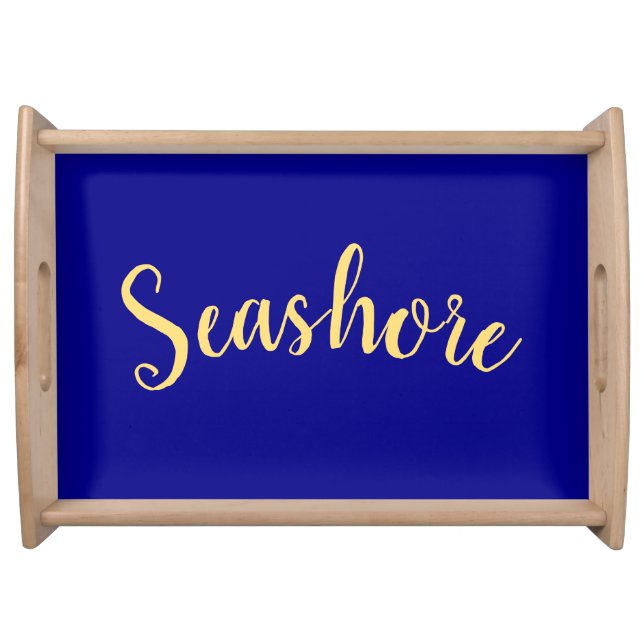 Classy Royal Navy Blue Background Seashore Text Serving Tray (Front)