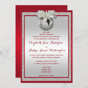Classy Ruby Red & Sparkly Bauble Christmas Wedding Invitation
