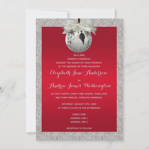 Classy Ruby Red  Sparkly Bauble Christmas Wedding Invitation