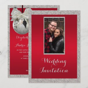 Classy Ruby Red & Sparkly Bauble Christmas Wedding Invitation