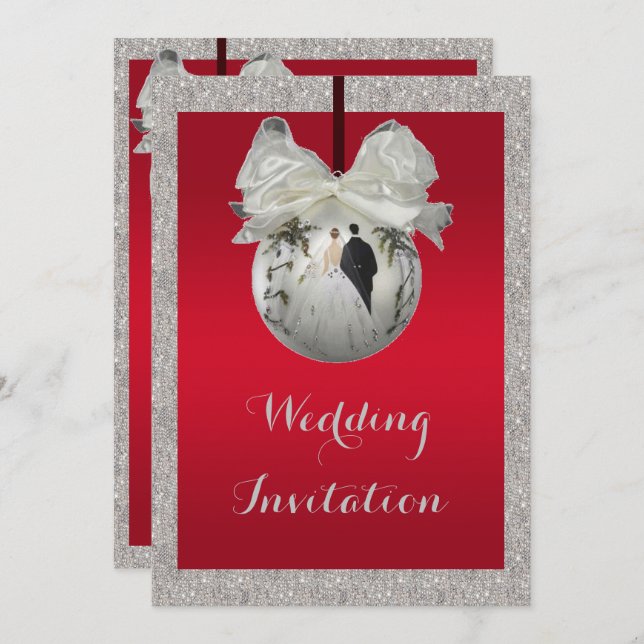 Classy Ruby Red & Sparkly Bauble Christmas Wedding Invitation (Front/Back)