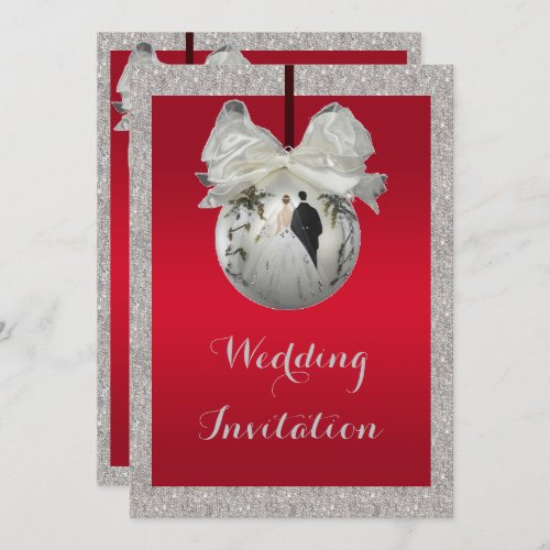 Classy Ruby Red  Sparkly Bauble Christmas Wedding Invitation