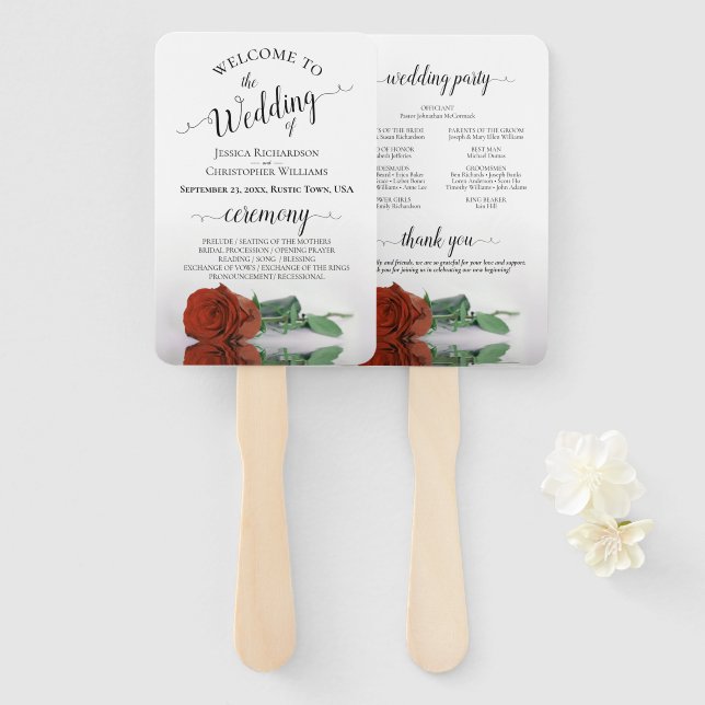 Classy Rust Orange Rose Elegant Wedding Program Hand Fan (Front and Back)