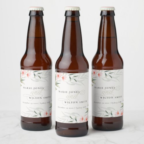 Classy Rustic Blush Greenery Floral Bunch Wedding Beer Bottle Label