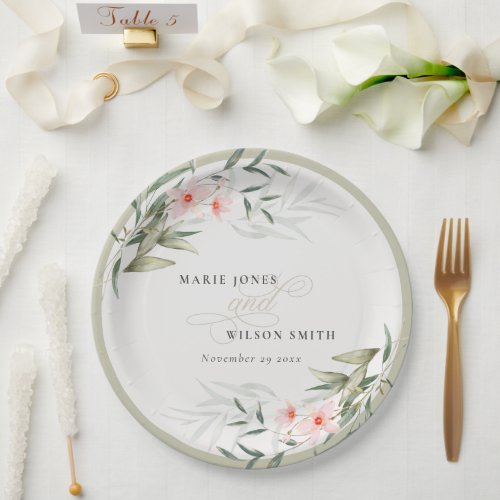 Classy Rustic Blush Greenery Floral Bunch Wedding Paper Plates