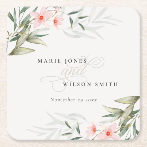 Classy Rustic Blush Greenery Floral Bunch Wedding Square Paper Coaster