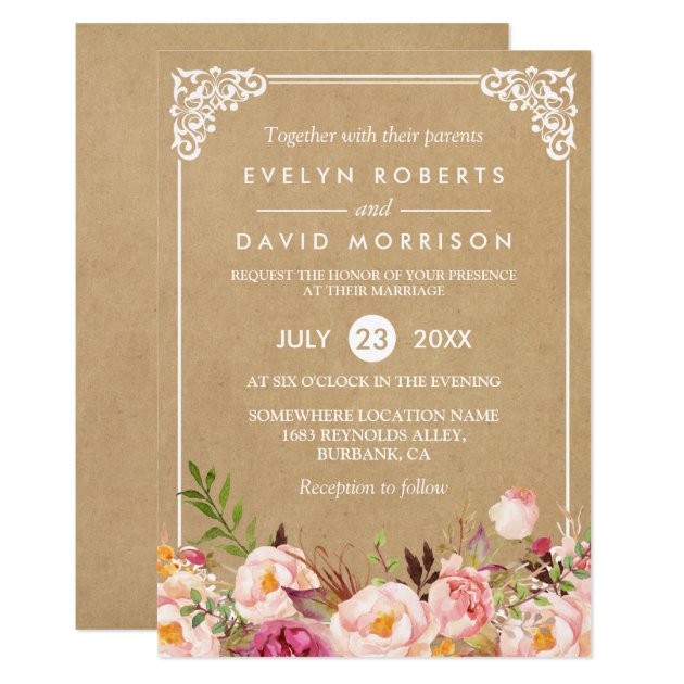 Classy Rustic Floral Frame Kraft | Formal Wedding Invitation