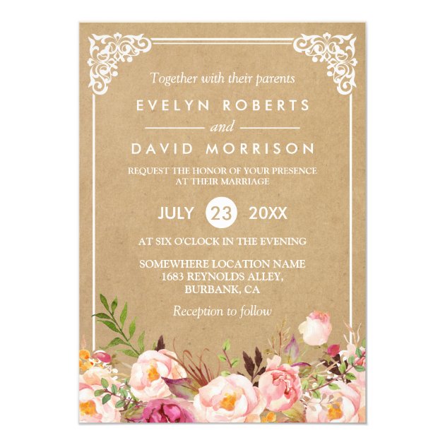 Classy Rustic Floral Frame Kraft | Formal Wedding Invitation