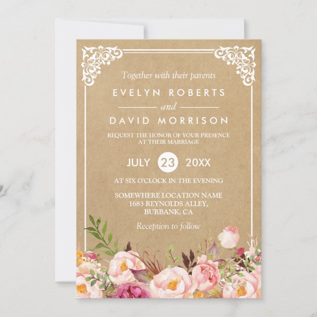 Classy Rustic Floral Frame Kraft | Formal Wedding Invitation (Front)