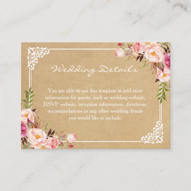 Classy Rustic Floral Kraft Wedding Insert Card (Front)