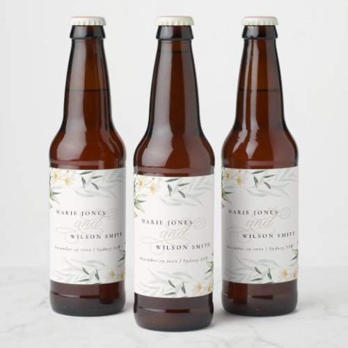 Classy Rustic White Greenery Floral Bunch Wedding Beer Bottle Label