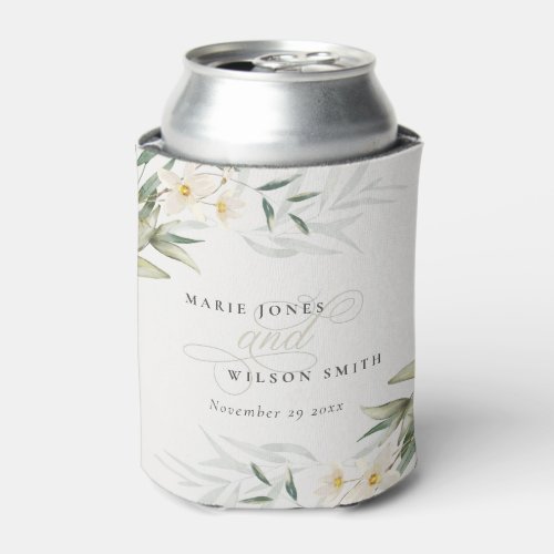Classy Rustic White Greenery Floral Bunch Wedding Can Cooler