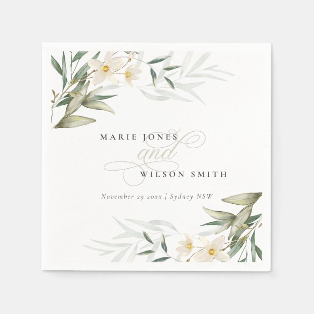 Classy Rustic White Greenery Floral Bunch Wedding Napkins (Front)
