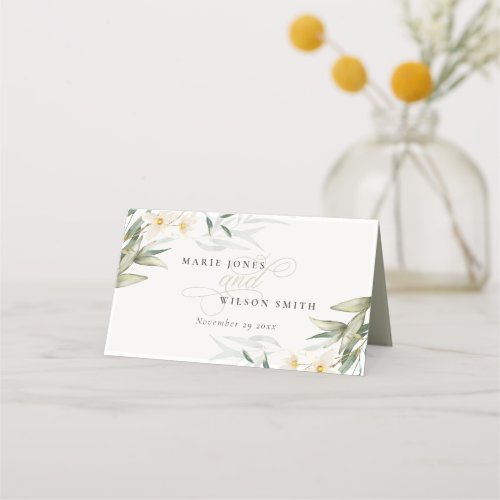 Classy Rustic White Greenery Floral Bunch Wedding Place Card