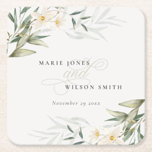 Classy Rustic White Greenery Floral Bunch Wedding Square Paper Coaster
