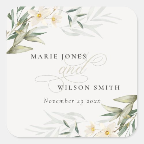 Classy Rustic White Greenery Floral Bunch Wedding Square Sticker