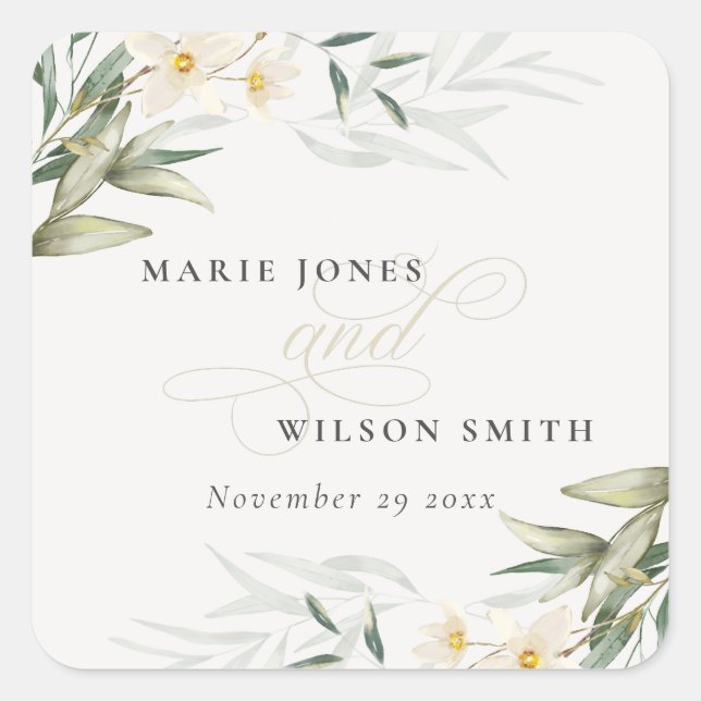 Classy Rustic White Greenery Floral Bunch Wedding Square Sticker (Front)
