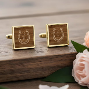 Classy Rustic Woodgrain Western Horseshoe Monogram Cufflinks