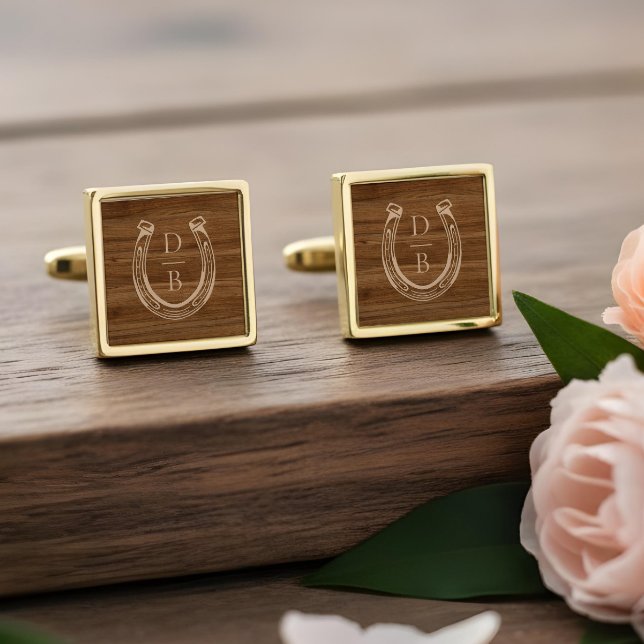 Classy Rustic Woodgrain Western Horseshoe Monogram Cufflinks (Classy Rustic Woodgrain Western Horseshoe Monogram Cufflinks)