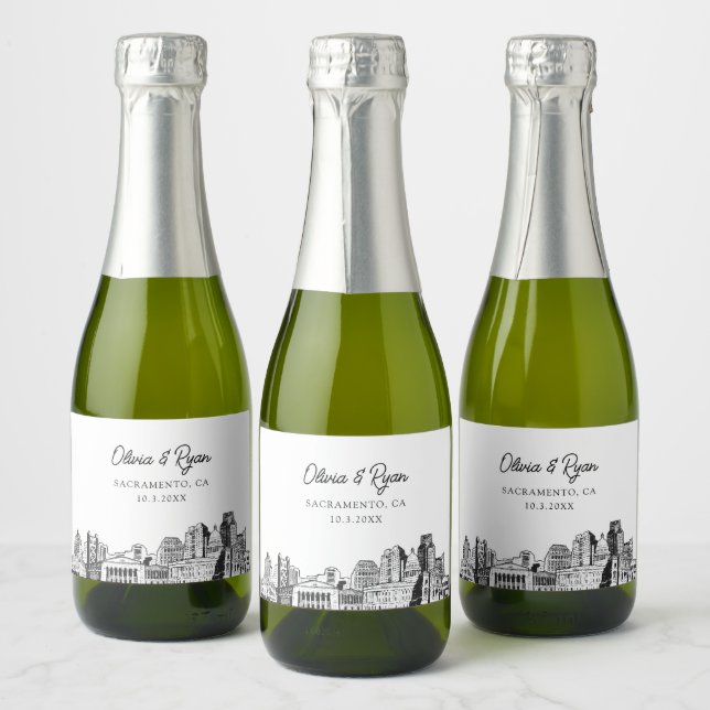 Classy Sacramento Wedding Favor Custom Mini Sparkling Wine Label (Bottles)