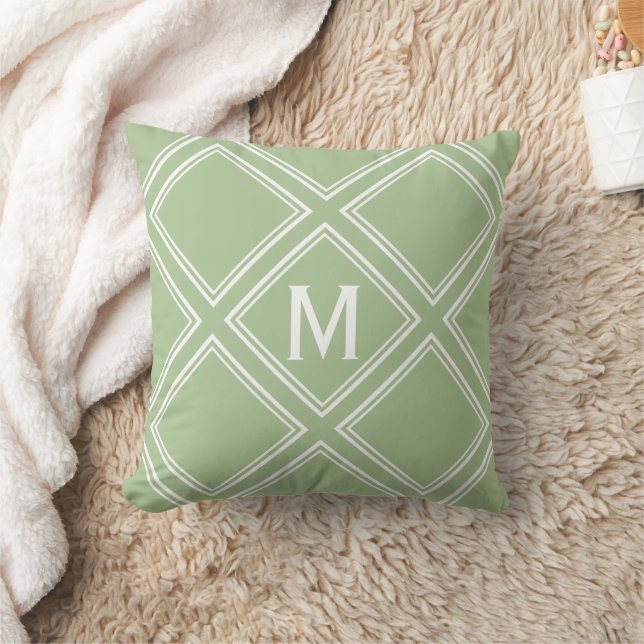 Classy Sage and White Diamond Pattern Monogram Throw Pillow (Blanket)