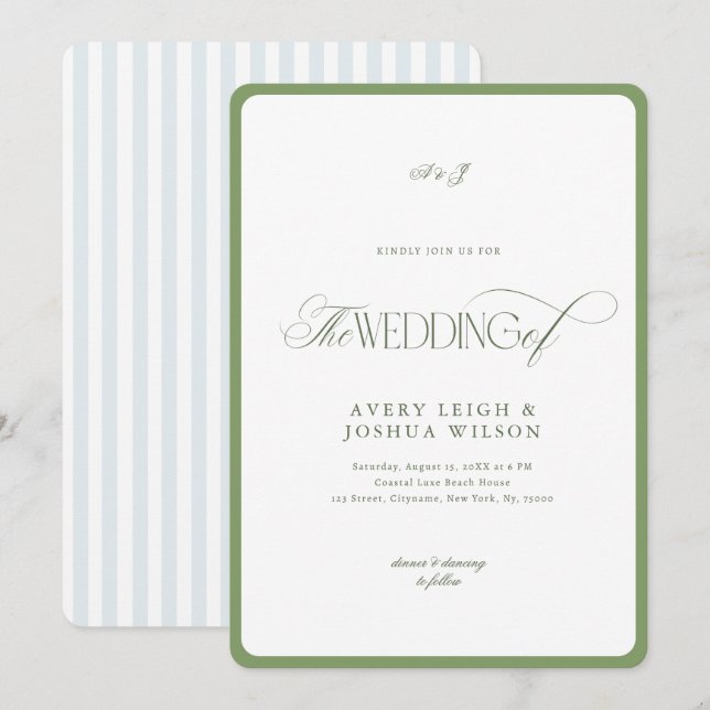 Classy Sage Green & Blue Stripes Coastal Wedding Invitation (Front/Back)