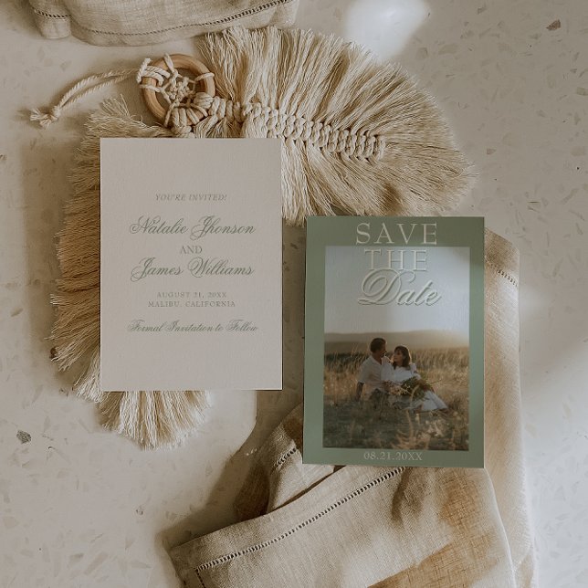 Classy Sage Green Boho Old Money Photo Wedding Save The Date (Creator Uploaded)