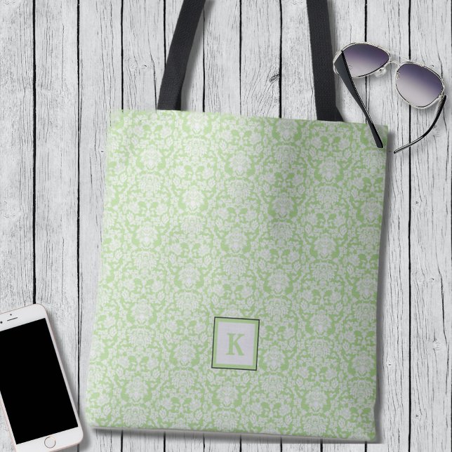 Classy Sage Green Damask Pattern Monogram Tote Bag (Creator Uploaded)