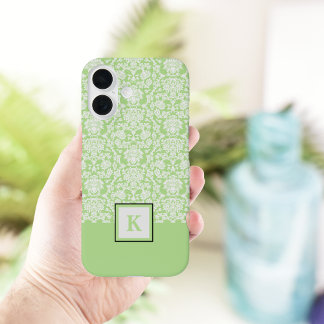 Classy Sage Green Damask Pattern Monogram Tote Bag iPhone 16 Case