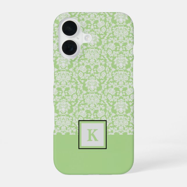 Classy Sage Green Damask Pattern Monogram Tote Bag Iphone Case (Back)