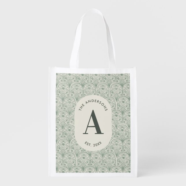 Classy sage green family monogram elegant modern grocery bag (Front)