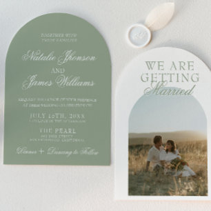 Classy Sage Green Luxury Boho Arched Wedding Invitation