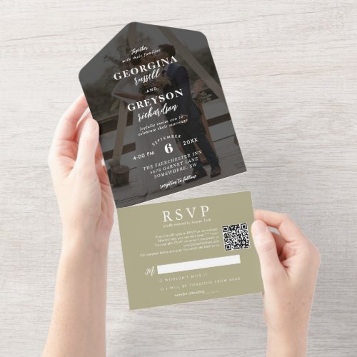 Classy Sage Green RSVP Photo QR Code Wedding All In One Invitation