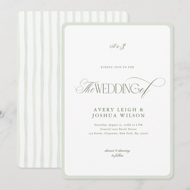 Classy Sage Green Spring Garden Stripes Wedding Invitation (Front/Back)