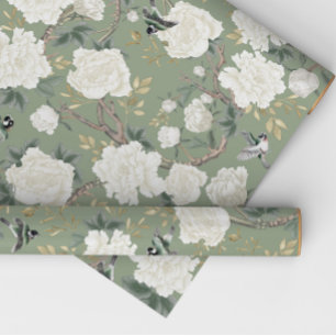Classy Sage Green White Chinoiserie Flowers Birds Wrapping Paper