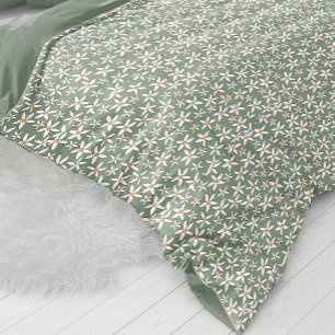 Classy Sage Green White Hand Drawn Flower Pattern Duvet Cover