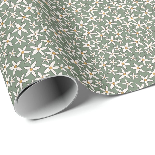 Classy Sage Green White Hand Drawn Flower Pattern. Wrapping Paper (Roll Corner)