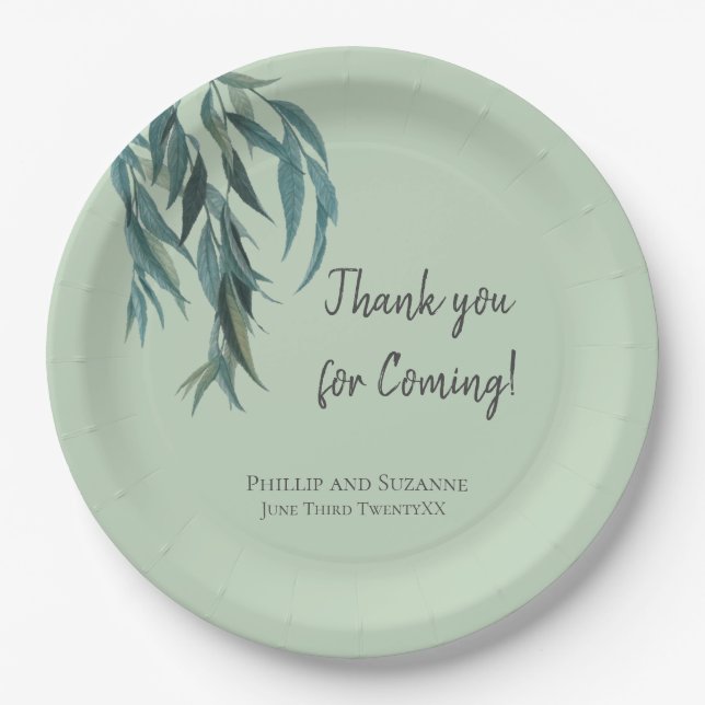 Classy Sage Green Willow Branch Botanical Wedding Paper Plates (Front)