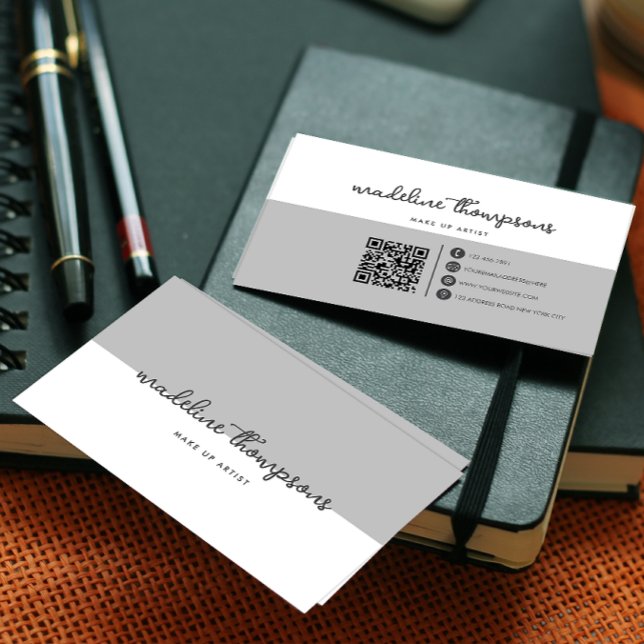 Classy Script Dual Tone Silver Gray Script QR Code Business Card (Creator Uploaded)