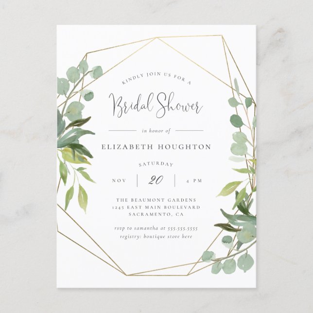 Classy Script Geometric Greenery Bridal Shower Invitation Postcard (Front)