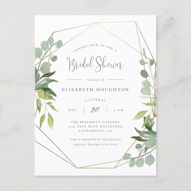 Classy Script Geometric Greenery Bridal Shower Invitation Postcard