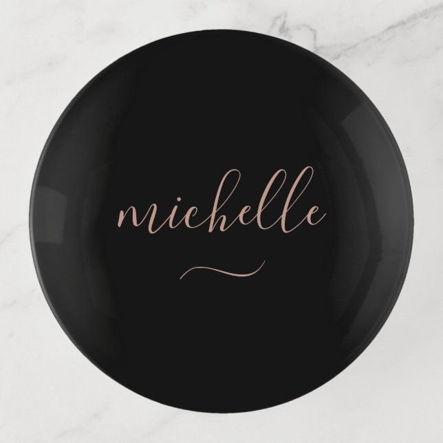 Classy Script Monogram Black Gold Trinket Tray (Front)