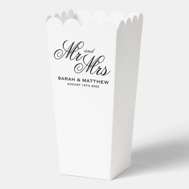Classy script Mr and Mrs wedding party popcorn Favor Boxes (Front)
