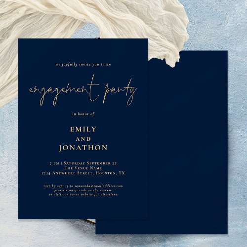 Classy Script Navy Gold Engagement Party Invitation