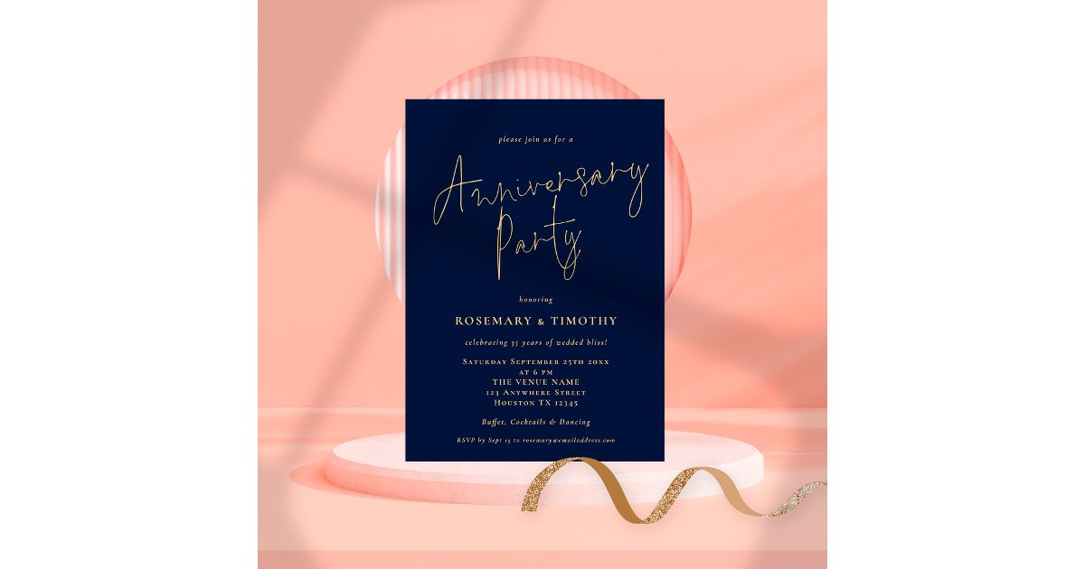 Classy Script Navy Gold Wedding Anniversary Party Invitation | Zazzle
