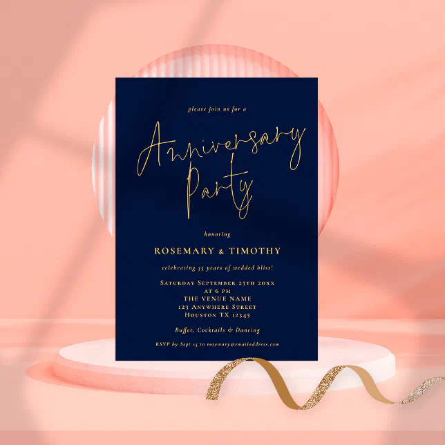 Classy Script Navy Gold Wedding Anniversary Party Invitation | Zazzle