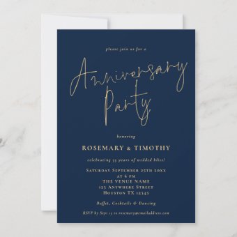Classy Script Navy Gold Wedding Anniversary Party Invitation | Zazzle