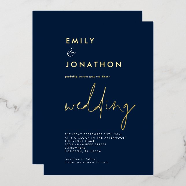Classy Script Navy Gold Wedding Real Foil Invitation (Front/Back)