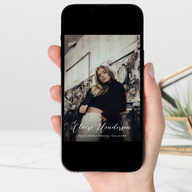 Classy Script Photo Collage QR Code Graduation Announcement (Front Digital)