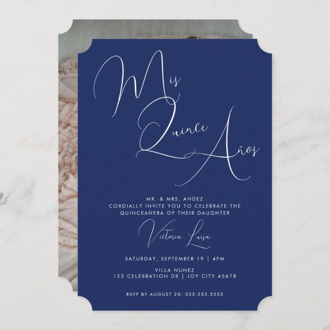 Classy Script Royal Blue Birthday quinceañera Invitation (Front/Back)